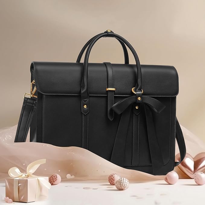 MOSISO Laptop Bag for Women, 17 inch PU Leather Laptop Shoulder Bags Convertible Backpack, 17.3 inch Messenger Bags Casual Handbag Work Briefcase Travel Computer Bag with Bowknot, Black