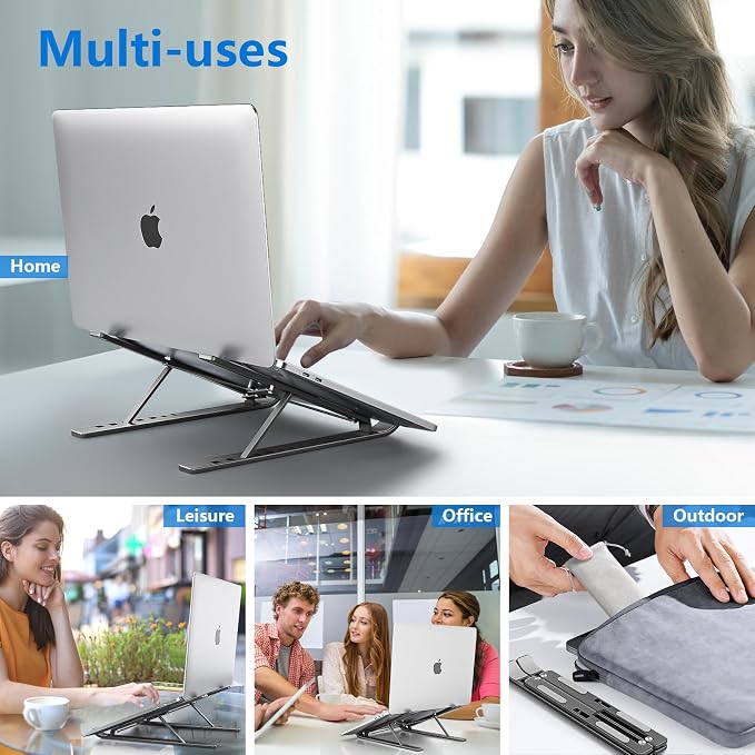 Laptop Stand for Desk, Aluminum Metal MacBook Stand，Computer Riser for Desk, Portable Foldable Adjustable Notebook Holder, Compatible with 10-15.6 Inch Laptops, iPad, Space Gray.