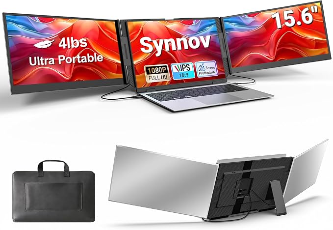 Synnov 15.6“ Laptop Screen Extender, 1080P FHD Ultra Light & Portable Triple Monitor for Laptops, Fit for 12"-17.3" Laptops, Plug & Play Travel Monitor Extender Compatible with Wins/MacOS/Chrome