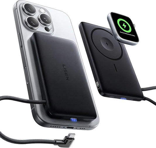 LISEN 0.5'' Ultra Slim MagSafe Power Bank for iPhone and Apple Watch,10000mAh MagSafe Battery Pack,Alloy Magnetic Portable Charger for iPhone 16 Pro Max Plus/15, Apple Watch S11 /S10 S9 SE，Black