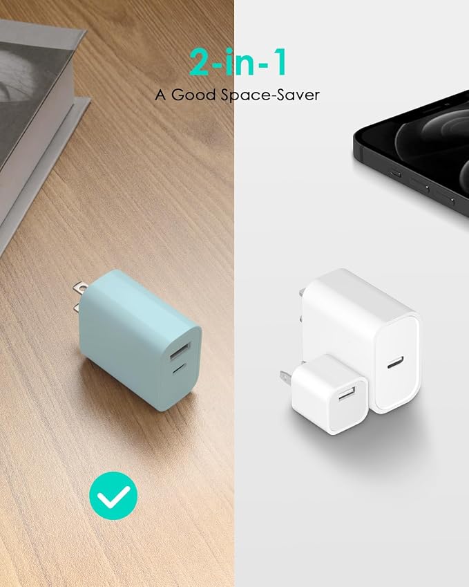 [4 Pack] USB C Charger Block Fast Charging Multiport Adpater [PD 20W USB-C & QC 3.0 USB-A Port] for i Phone 17/16/15/14/13/12/11/X/8, i Pad, Galaxy, Google, Galaxy & More [Blue]