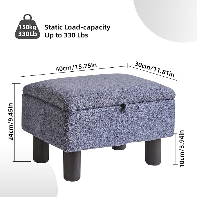 Aibiju Foot Rest for Couch, Foot Stool Ottoman with Wood Legs, Teddy Velvet Ottoman with Storage 16x12x9.5inch Flip Top Small Stool for Living Room Dorm Teddy Gray YD-JD136G
