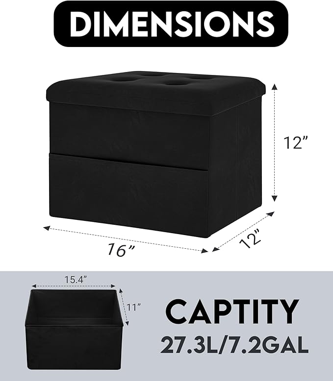 Zoes Homeware Small Storage Ottoman Foot Rest, Velvet Ottoman with Storage and Side Pocket, Black Foot Rest for Couch, Foldable Footstool for Chair, Living Room&Dorm, 16"x12"x12"