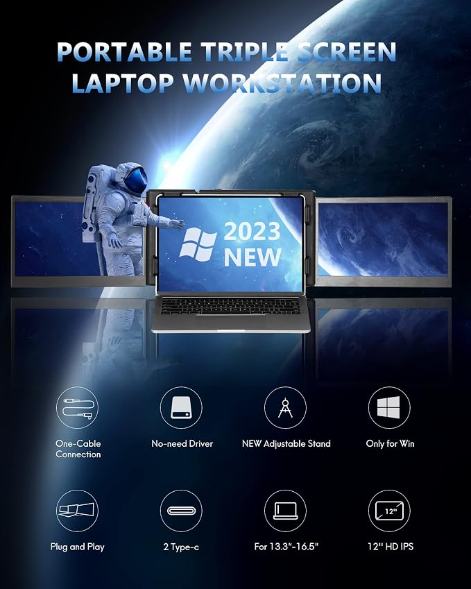 Alecewey Triple Portable Monitor for Laptop Screen Extender Dual Monitor Extender 12 Inch FHD 1080P IPS Display 2 Type-C P2S for 13-16.5 Inch Computer【Only Windows】