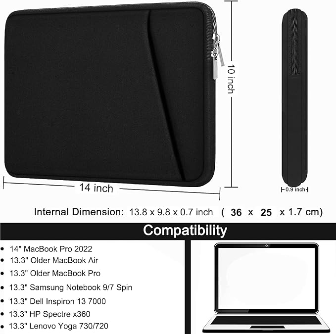 Laptop Sleeve Case 13 Inch, Upgrade 14 inch Laptop Cover for Apple MacBook Pro 2022, Durable Notebook Cover Shockproof Protective Bag Compatible with MacBook Air/Pro Retina 13.3 Inch, Black