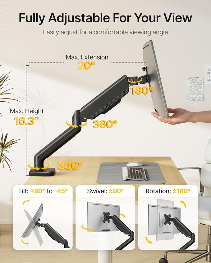 monTEK Heavy Duty Single Monitor Arm for 17-32” Flat/Curved Screens, Premium Mechanical Spring Monitor Arm up to 19.8 lbs, Full Motion Monitor Desk Mount with Quick-Release VESA Plate, Clamp/Grommet