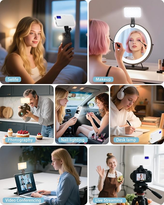 168 LED Portable Selfie Light Video Conference Light with Front & Back Clip, Rechargeable 3 Light Modes for Phone, iPhone, Android, iPad, Camera, Laptop, Makeup, Tiktok, Vlog(White)