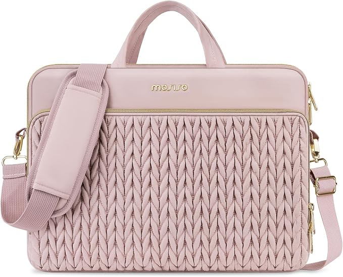 MOSISO 13.3 inch Laptop Shoulder Bag for Women, 13-14 inch Computer Bags Compatible with MacBook Neo 13/Air 13.6/13/Pro 13/14,HP Dell Lenovo ASUS, Wheat Ear Quilted Laptop Bag with Handle&Pocket, Pink