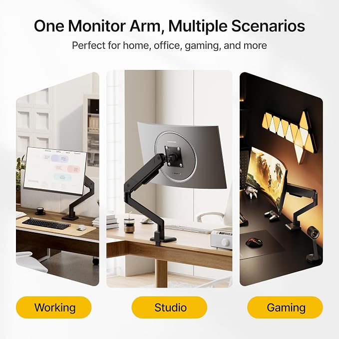 monTEK Single Monitor Arm for Max 45 Inch Ultrawide Screens Adjustable Monitor Desk Mount Holds 35 Lbs Cable Management with Clamp/Grommet Desk Mount, VESA 75/100mm