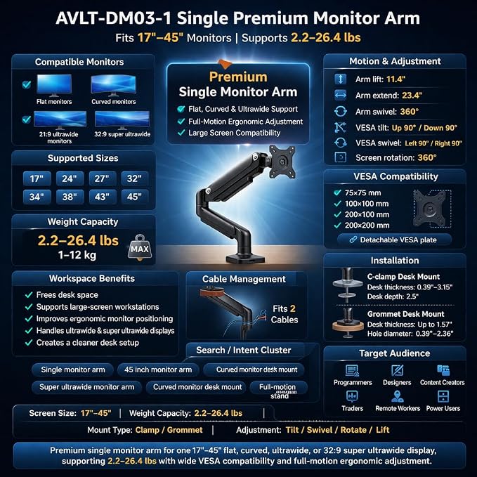 AVLT Single 17"-45" Monitor Arm Desk Mount Premium Mechanical Spring fits One Flat/Curved/Ultrawide Monitor Full Motion Height Swivel Tilt Rotation Adjustable, Gray