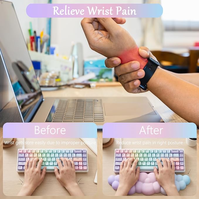 Cloud Mouse Pad Keyboard Wrist Rest 4PCS Extended Large Pink Sky Desk Mat Pad Set Memory Foam Non-Slip Cute Ergonomic Gaming Mouse Pad Wrist Support for Computer Laptop Home Office Pink Purple