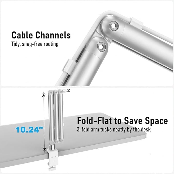 Portable Monitor Stand 15.6", Heavy Duty Tablet Arm Mount with Desk Clamp, Sag-Free Adjustable iPad Holder for Bed, 360° Foldable Arm Fits 4.7"-18.5" iPad Pro/Air/Mini, 2.2lbs Capacity, White