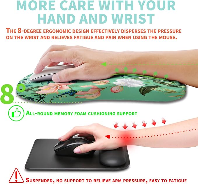 Ergonomic Mouse Pad Wrist Support with Memory Foam Massage Bulge, Carpal Tunnel Pain Relief Mousepad Wrist Rest for Mouse(12x8 inch, Pink Flowers)