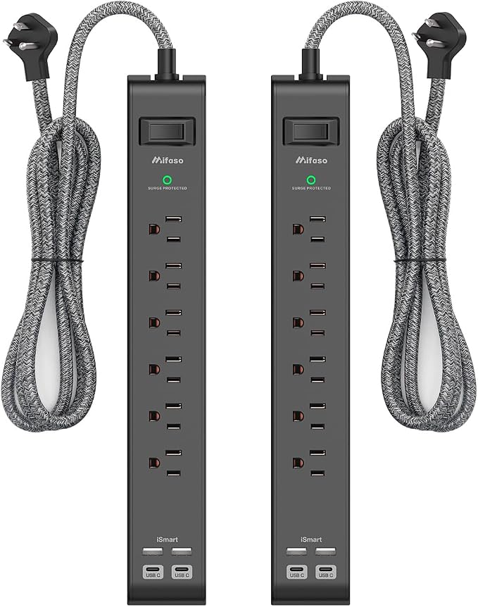 2 Pack Surge Protector Power Strip, Slim Flat Plug, Braided Extension Cord, 5-Foot, 900 Joules, 6 Outlets 4 USB Ports, Wall Mount for Home Office Dorm