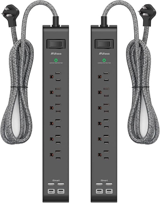 2 Pack Surge Protector Power Strip, Slim Flat Plug, Braided Extension Cord, 5-Foot, 900 Joules, 6 Outlets 4 USB Ports, Wall Mount for Home Office Dorm