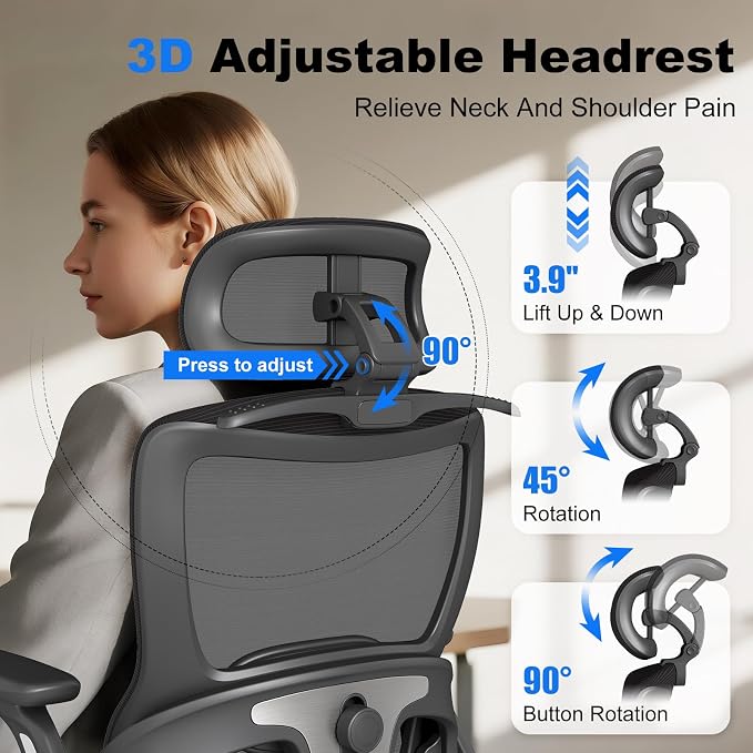 Ergonomic Office Chair with Footrest, High-Back Home Desk Chair with Adjustable Lumbar Support, Headrest, Flip-Up Arms, 90-135° Tilt Lock, and Wide Cushion, Big and Tall Mesh Computer Seating