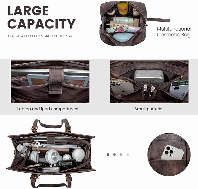 LOVEVOOK Laptop Bag for Women Vintage Leather Laptop Tote 15.6 inch Large Capacity Computer bag with Clutch Purse for Work