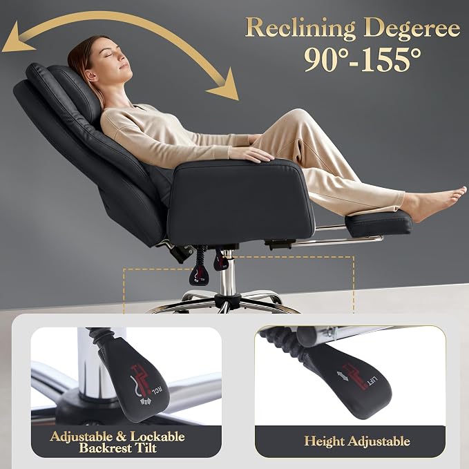 High Back Executive Office Chair with Footrest, Reclining PU Leather, Lumbar Support, Criss Cross Style, 155° Recline, Black (Black)