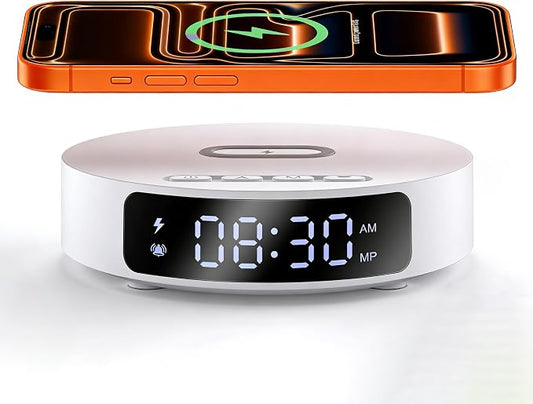 Fast Wireless Charger with Alarm Clock,20W Max Wireless Charging Pad Compatible with iPhone 17/17 Pro/16/15/14/13/12/SE;Wireless Charge Mat for Samsung Galaxy S25/S24/Note,Pixel/LG (White pad)