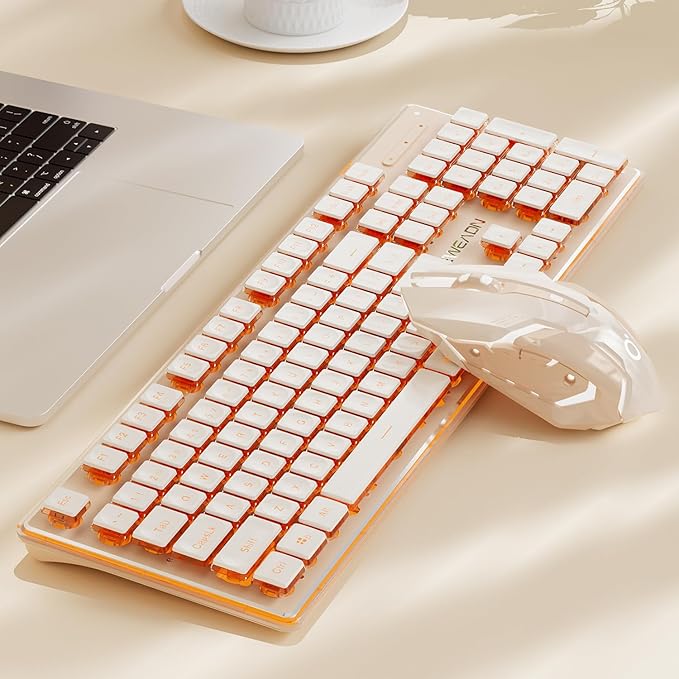 SEUNKWANG EWEADN V3 Wireless Keyboard and Mouse with Single Backlit, Metal Panel, Bluetooth/2.4G Rechargeable Computer Keyboard and Mouse Combo Silent Lighted Full Size Cute Keyboards-Rose Gold