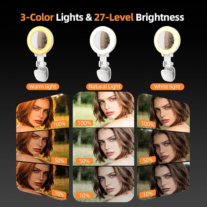 Portable Ring Light for Phone with Mirror, Foldable Clip-On Selfie Light for iPhone, Webcam, Vlog, TikTok, 3 Colors & 9 Brightness, Rechargeable LED Light for Video Recording and Makeup