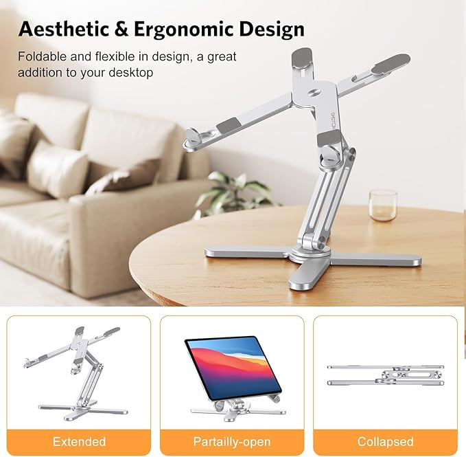 OMOTON LA10 360° Rotating Laptop Stand Riser for Desk, Ergonomic Foldable Computer Stand Adjustable Height Angles for Collaborative Work, Easy Storage Fit Macbooks,All Laptops up to 16 inches, Silver