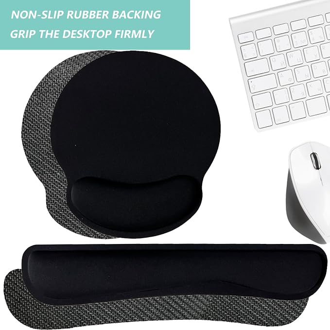 Keyboard Wrist Rest Pad Mouse Pad with Wrist Support Set of 3, Mousepad with Non-Slip Rubber Base, Ergonomic Memory Foam Mouse Wrist Cushion Support for Home Office Laptop Computer Gaming, Black