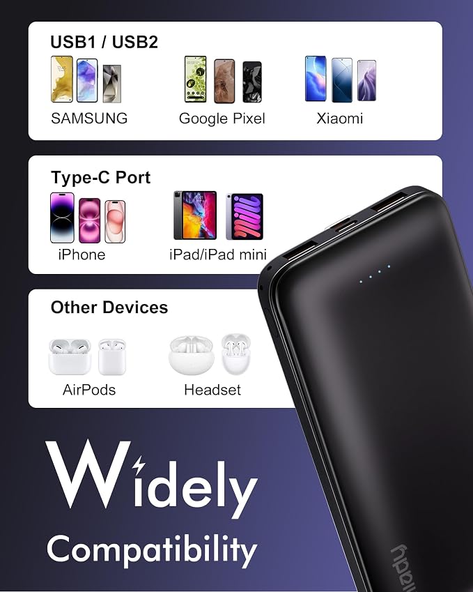 Miady 2-Pack Portable Charger, Slim 10000mAh Power Bank Travel Battery Pack 3 Outputs 2 Inputs Compatible with iPhone 17/16/15/14/13 Galaxy S24/22 iPad Android etc (Yellow+Purple)