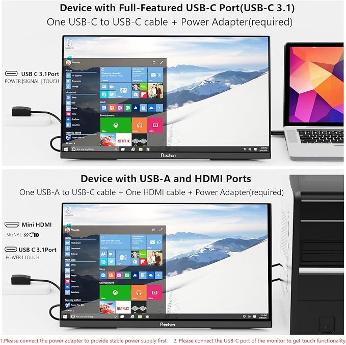 Prechen 23.8 Inch 2K 100Hz Large Portable Touchscreen Monitor 100% sRGB IPS Portable Touch Display QHD w/90° Adjustable Stand USB-C HDMI Laptop Monitor Desktop 2560X1440
