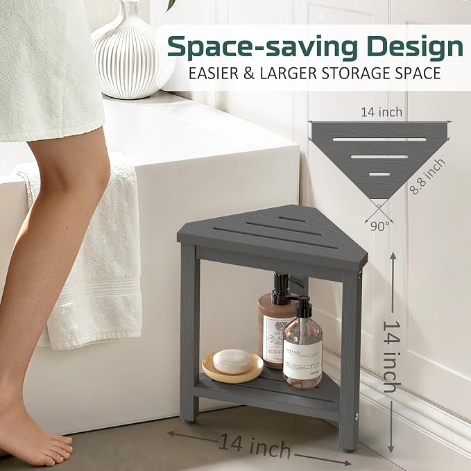 Shower Foot Rest 14in, HIPS Waterproof Shower Stool for Inside Shower, Corner Shower Stool for Shaving Legs with Storage Shelf, Shower Step Stool for Small Space, Plastic Corner Shower Bench, Grey