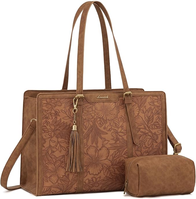 LOVEVOOK Laptop Bag for Women, Vintage Leather 15.6 Inch Work Tote with Large Cup Holder, Teacher Professional Computer Bag with Clutch Purse and Tassel for Office Business