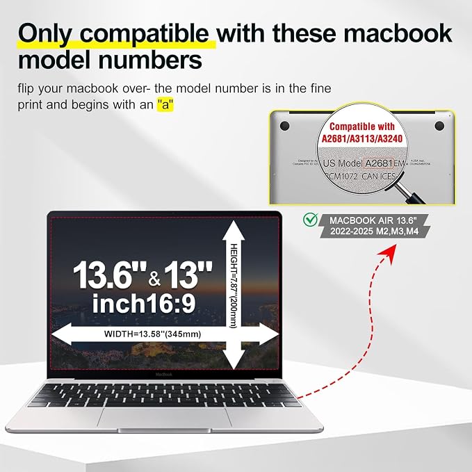 Magnetic Privacy Screen Compatible with MacBook Air 13.6/13 Inch (2022-2026 M2 M3 M4 M5), Removable Anti-Spy Laptop Privacy Screen Filter, Matte Anti Glare Blue Light Macbook Air 13 Inch Screen