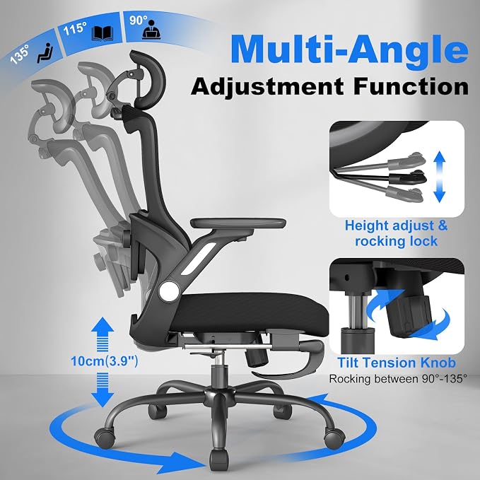 Ergonomic Office Chair with Footrest, High-Back Home Desk Chair with Adjustable Lumbar Support, Headrest, Flip-Up Arms, 90-135° Tilt Lock, and Wide Cushion, Big and Tall Mesh Computer Seating