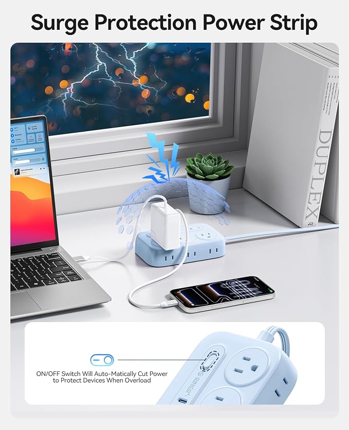 ORICO Surge Protector Power Strip, PD20W Multiple Outlets Extension Cord with 6 AC Outlets and 4 USB Charging Ports (2 USB-C), 45° Flat Plug, 10 Ft Mountable Outlet Extender for Home/Office/Dorm - OG