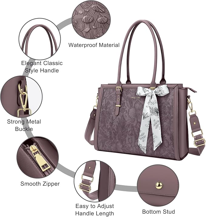 MOSISO Laptop Bag for Women, 15.6-16 inch PU Leather Tote Bag Compatible with MacBook, HP, Dell, Asus Notebook, Front Embossed Retro Hibiscus Computer Bags with Silk Scarf&Clutch Purse, Slate Purple