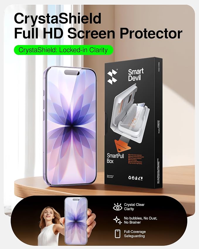 SMARTDEVIL 2 Pack Tempered Glass for iPhone 17 Screen Protector, Military-Grade Shatterproof Protection, 9H Hardness, Fast & Easy Installation, Case Friendly Design