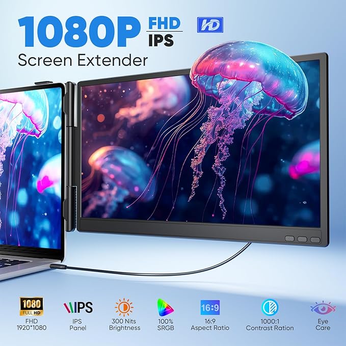 Laptop Screen Extender, 14” FHD 1080P Portable Monitor for Laptop, 0.27" Ultra-Thin Display with 100% sRGB, Dual Screen Extender for 13–17” Laptops, Plug & Play for Windows/Mac/Chrome/Android
