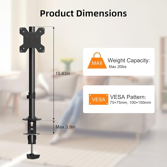 Pholiten Single Monitor Stand, Heavy Duty Adjustable Monitor Arm Desk Mount for 13-32Inch, Tilt, Swivel, Rotate, Support 22 lbs,Black