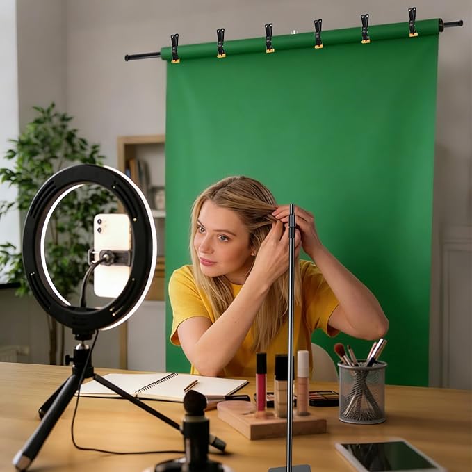 Green Screen BackdropKit, 8 * 5FT Metal Base Photo Studio Support System, Adjustable Backdrop Frame for Video Shooting, Live Streaming, Photo Studio, Content Creation and Virtual Backgrounds