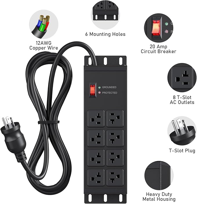 JUNNUJ Heavy Duty Surge Protector Power Strip 4800J, Garage Metal 8 Outlets 20 Amp 12 Gauge, High Amp 5-15P Adapter Shop 6-20R T-Slot Industrial Outlet, 4 FT Extension Cord Commercial for Appliance