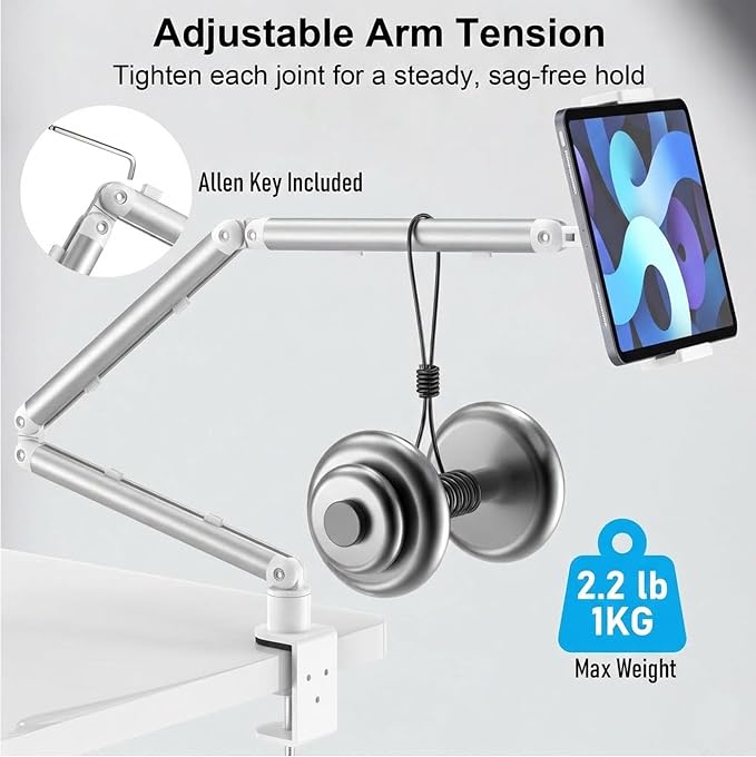 iPad Holder for Desk, Adjustable Tablet Arm iPad Desk Mount with C-Clamp, 30" Foldable Long Arm & 360° Rotation, Fits 4.7"–15.6" iPad Pro/Air/Mini, Phones & 15.6" Portable Monitors for Desk Use, White