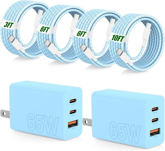65W Super Fast Charging USB C for iPhone 17 16 Pro Max,3 Port 100W USB C Charger Block & 3/6/6/10FT Braided Type C Cord for iPhone 17 16 Pro,iPhone 15 Pro Max,for Samsung S26 Ultra/MacBook Air-Blue