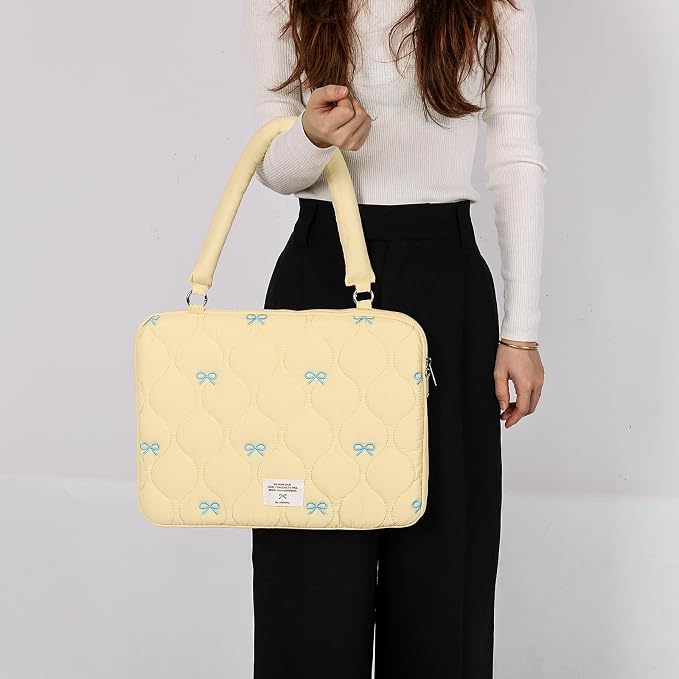 Cute Bow Laptop Case Coquette 13-15 Inch Puffy Laptop Sleeve Accessories Aesthetic Quilted Computer Bag for MacBook (Yellow 1, 15-15.6)