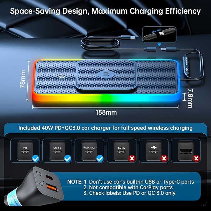 Wireless Car Charger Pad, REESTECQI 15W RGB Wireless Charger for Car Type C Non Slip Charging Pad for Car Compatible with Airpods iPhone16/15/14/13/12, Samsung Google (30CM+ 70CM Extension)