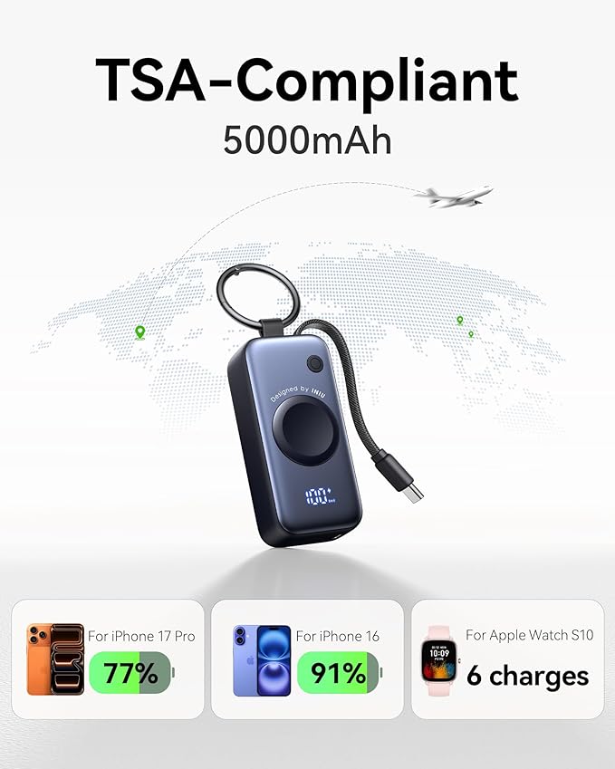 INIU SnapGo Portable Charger, Mini Power Bank for Apple Watch & Phone, 5000mAh 20W Fast Charging Battery Pack with Built-in USB C Cable, Flight-Safe Keychain, for Apple Watch iPhone 17 16 Samsung etc