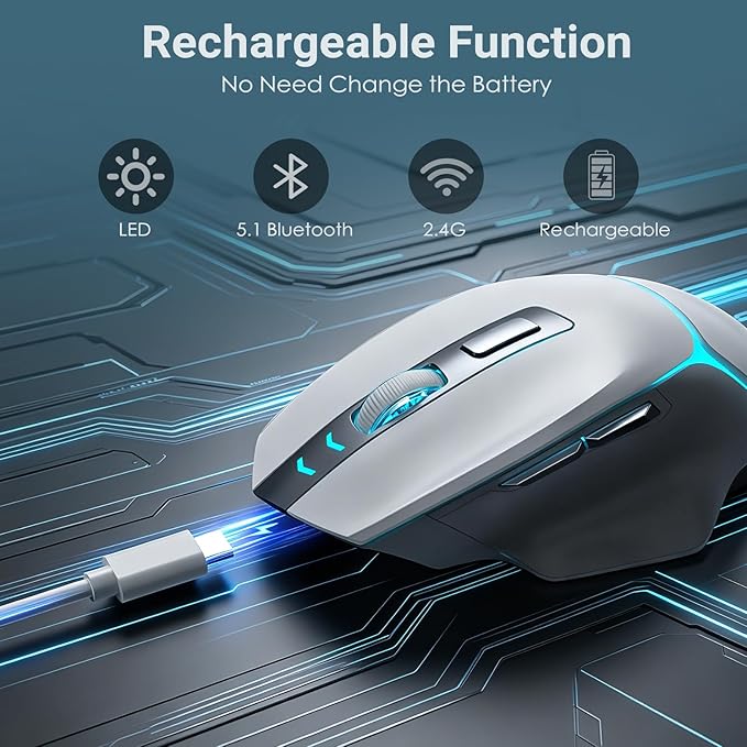 GAMCATZ White Wireless Gaming Mouse for Mac & iPad, Bluetooth/2.4G/USB-C Wired Gaming Mouse with 12500 DPI Backlit, Rechargeable Ergonomic Computer Mice for Laptop, PC & Apple Devices