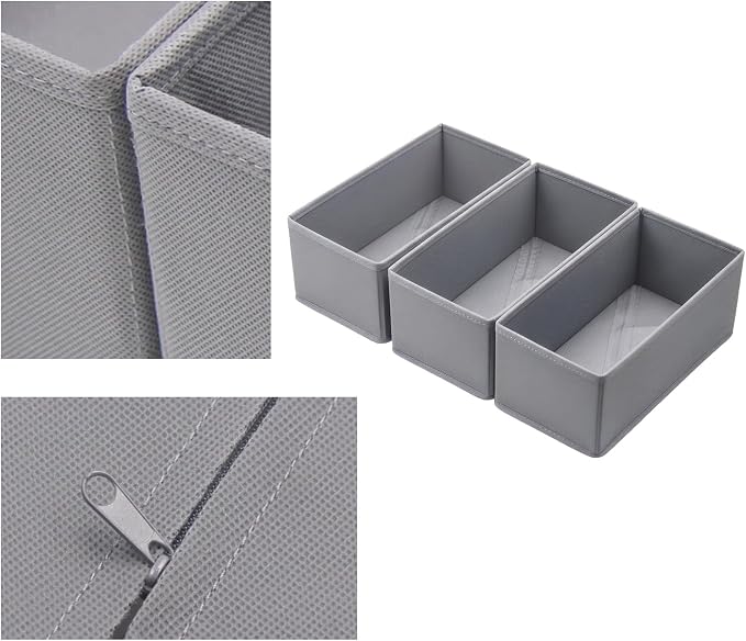 Small Foldable Fabric Drawer Organizer 3-Pack - 11“ Breathable Closet & Dresser Storage Bins for Socks, Underwear, Bras & Baby Clothes, Grey