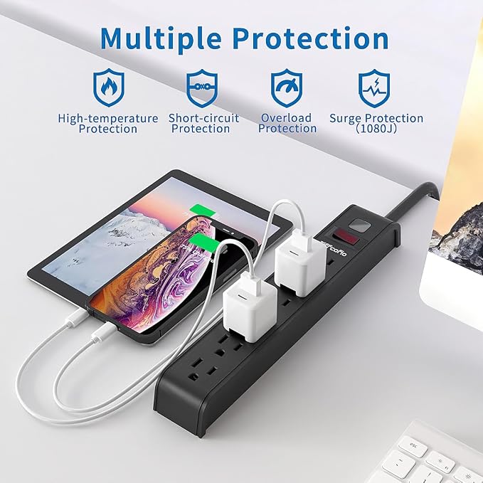 Power Strip Surge Protector, 6 Feet Extension Cord, 600 Joules Surge Protection, Multiple Protection 6 Outlet Strip, ETL Listed (1 Pack)