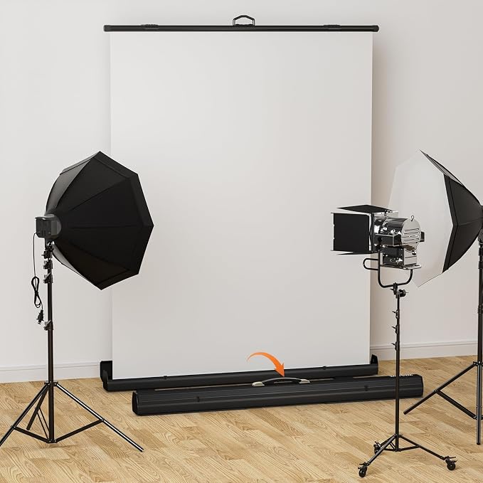 WASJOYE Retractable White Backdrop Screen - 62.2 x 79 in Professional Pull Up Panel Auto-Locking Wrinkle-Resistant Photography Background for Video Conference, Live Game, Photographic Studio Streaming