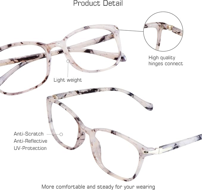 VisionGlobal Blue Light Blocking Glasses for Women, Anti Eyestrain, Computer Reading, TV Glasses, Stylish Square Frame, Anti Glare(Marble,No Magnification)